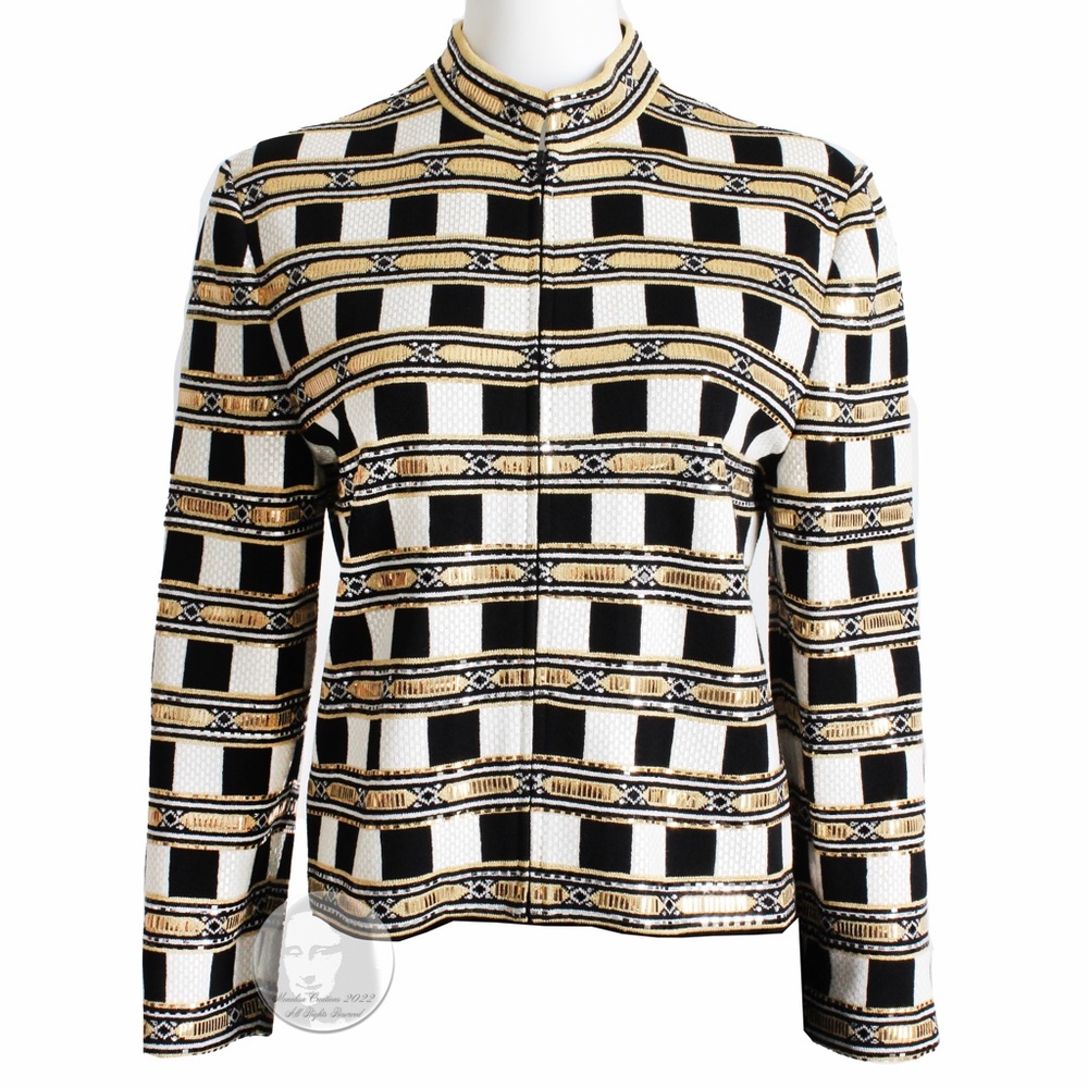 St John Evening Jacket Embellished Knit Gold Black White Zip Front Vintage Sz 10